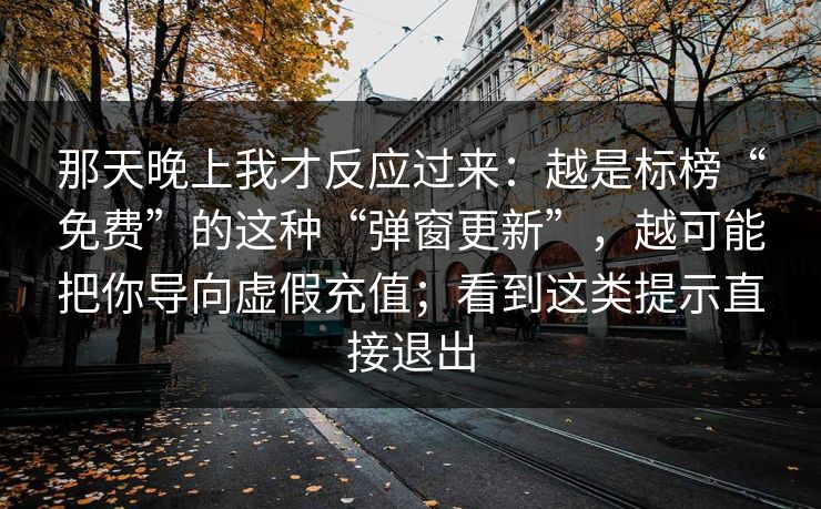 那天晚上我才反应过来：越是标榜“免费”的这种“弹窗更新”，越可能把你导向虚假充值；看到这类提示直接退出