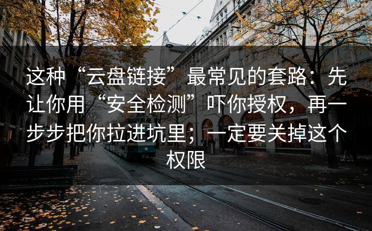 这种“云盘链接”最常见的套路：先让你用“安全检测”吓你授权，再一步步把你拉进坑里；一定要关掉这个权限